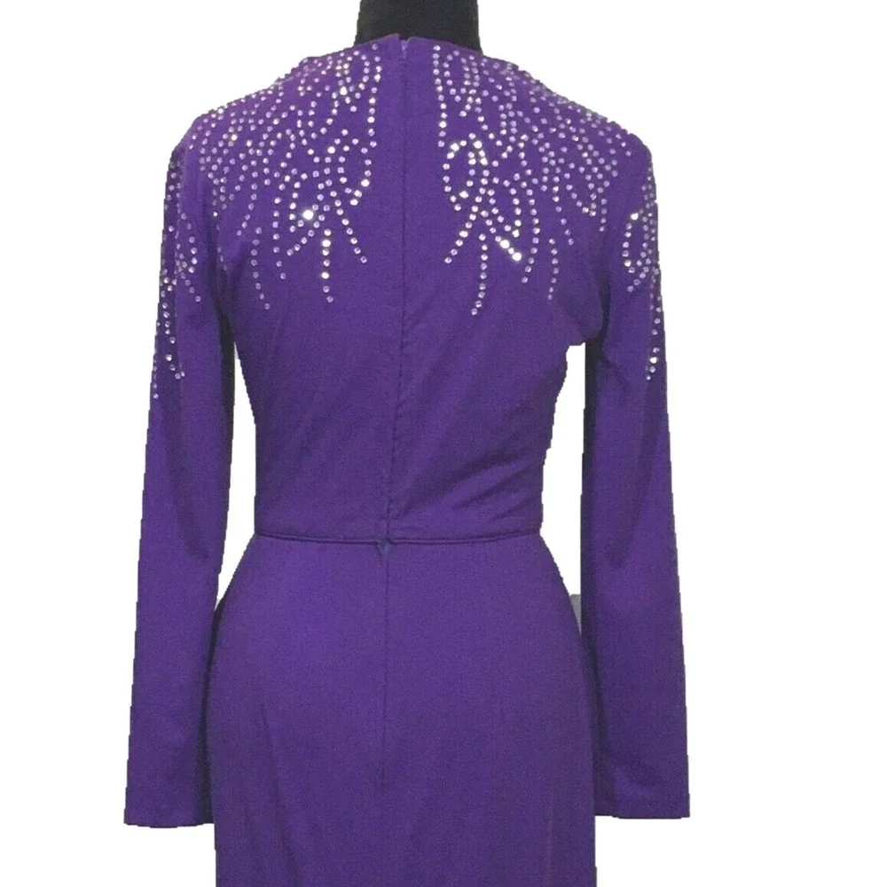 VTG RANDYS Glamorous Knit‎ Jersey Long Dress Dark Purple Rhinestone Embellish
